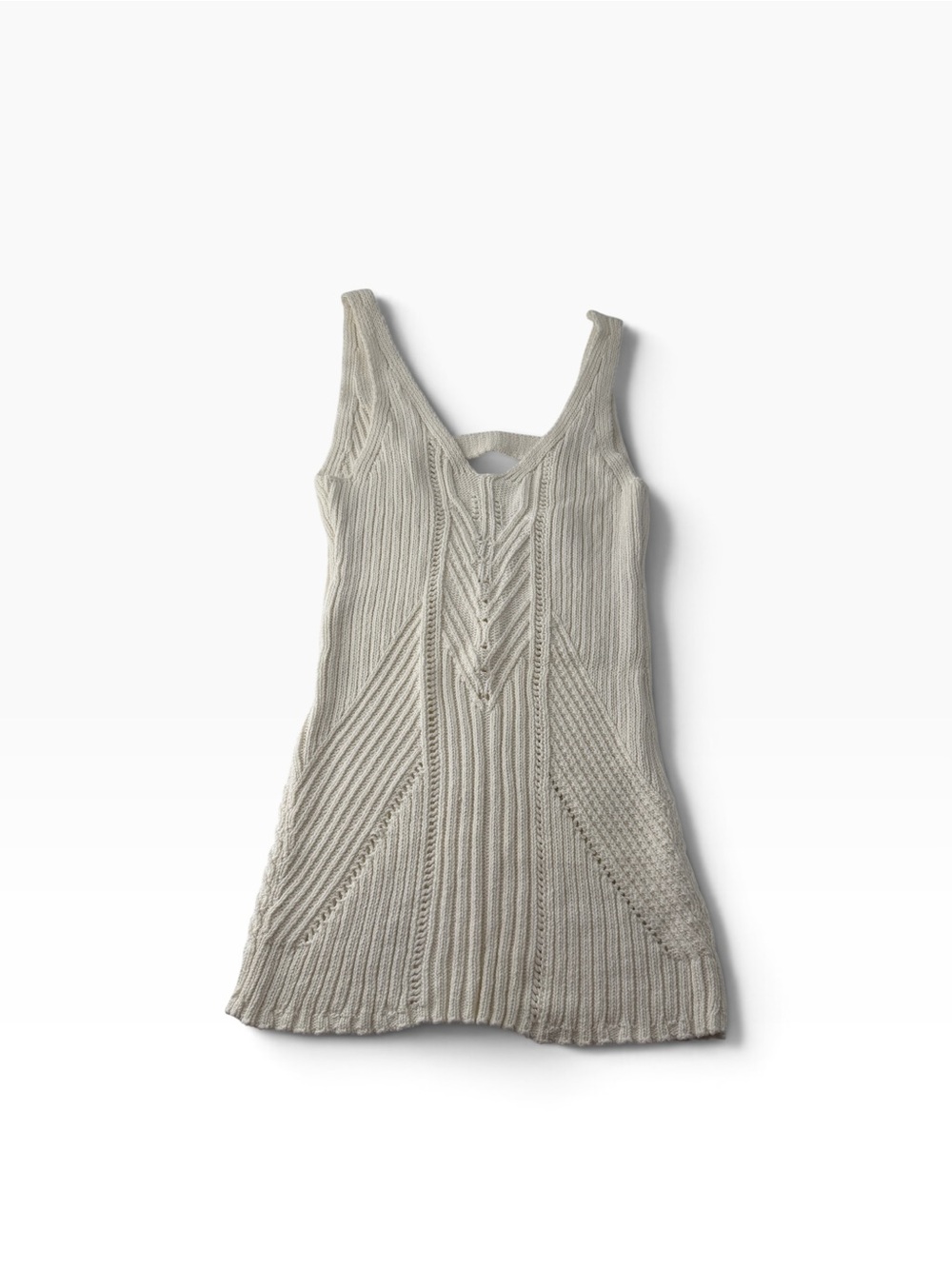 Anthropologie V-Neck Ivory Pointelle Crochet Modern Mini Boho Coastal Dress Sz M